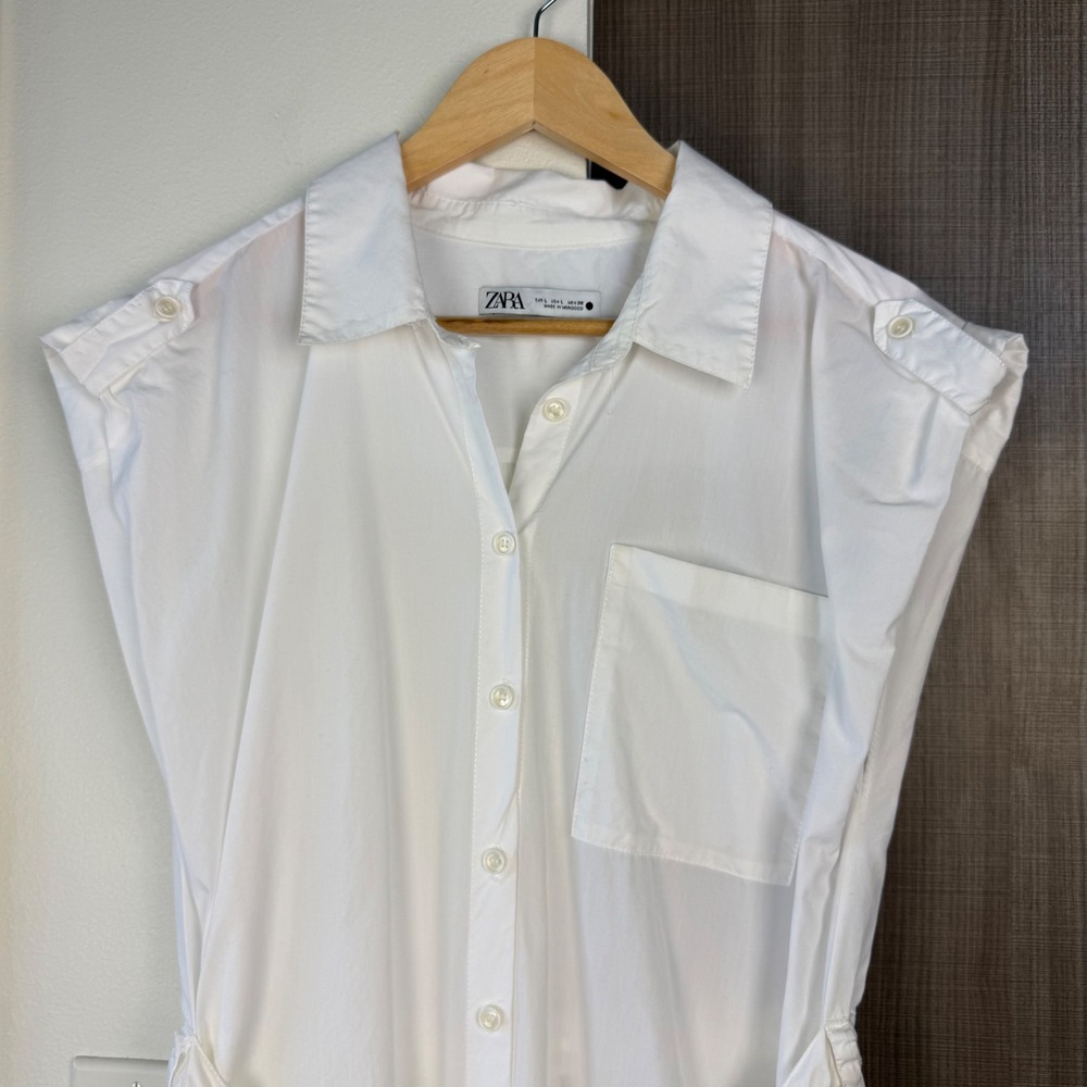 Zara White Poplin Shirt Midi Dress Button Down Front Size Large - Picture 6 of 16
